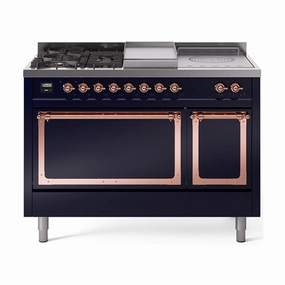 Ilve UN48FSQNMPMBP Ilve Un48Fsqnmpmbp Nostalgie Ii Noblesse 48" Dual Fuel Range (5 Sealed Burners   Griddle   French Top, Natural Gas, Solid Door, Midnight Blue, Copper)