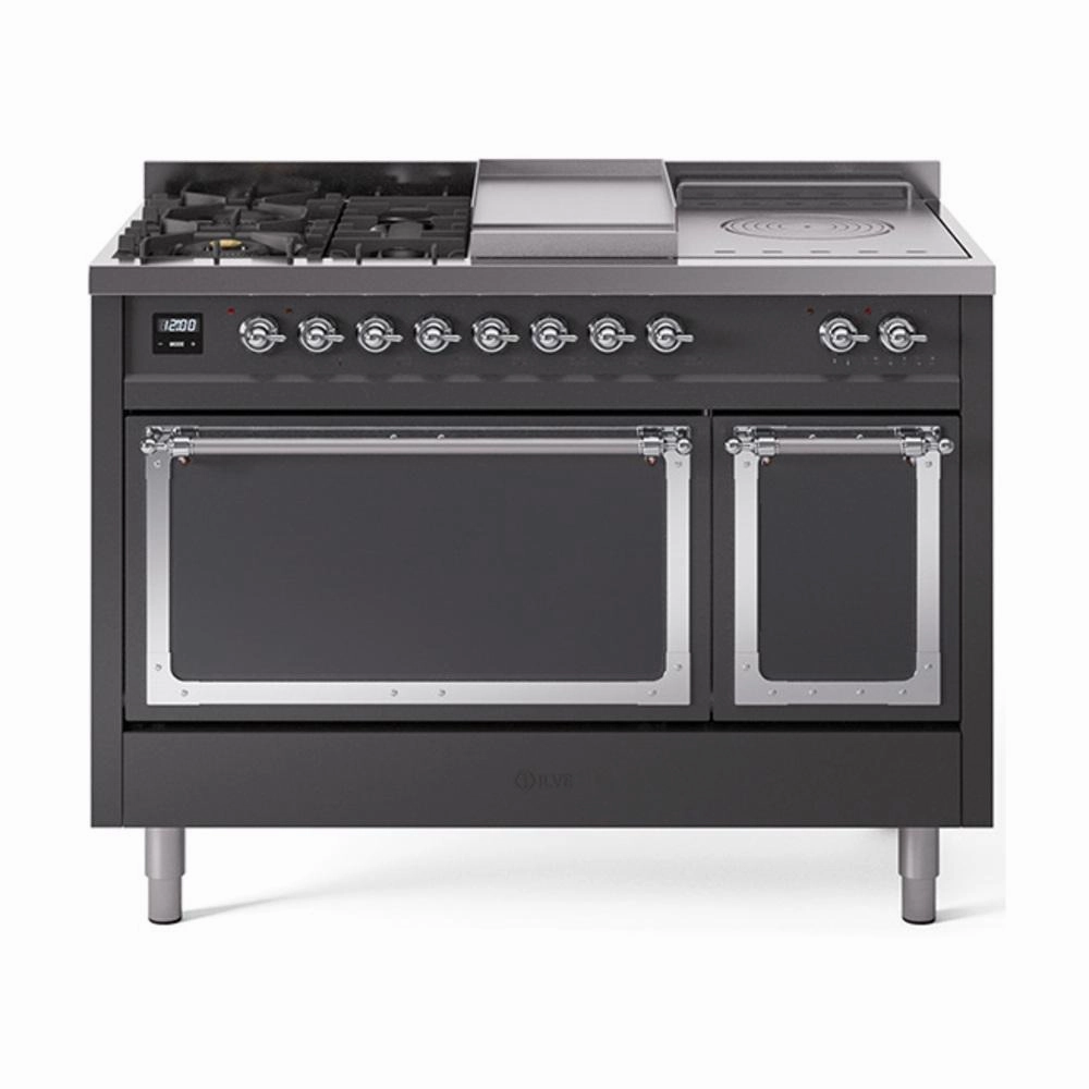 Ilve UN48FSQNMPMGC Ilve Un48Fsqnmpmgc Nostalgie Ii Noblesse 48" Dual Fuel Range (5 Sealed Burners   Griddle   French Top, Natural Gas, Solid Door, Graphite Matte, Chrome)