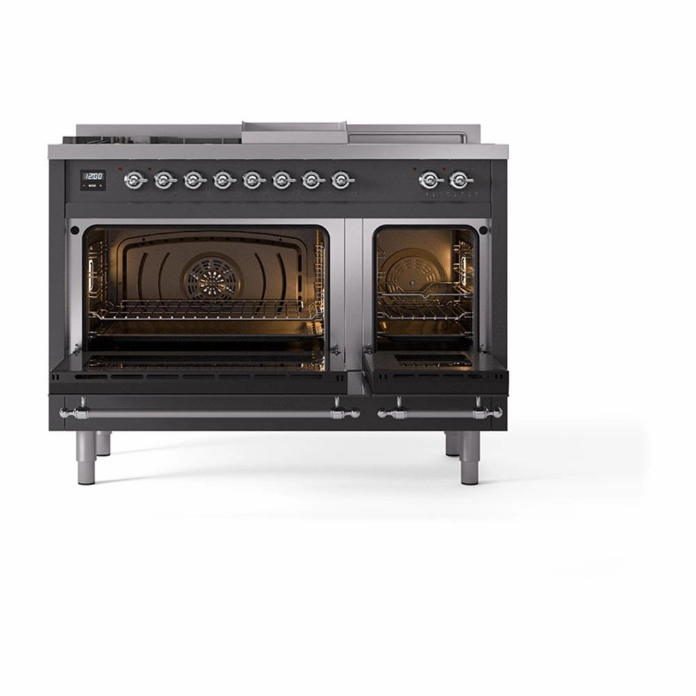 Ilve UN48FSQNMPMGC Ilve Un48Fsqnmpmgc Nostalgie Ii Noblesse 48" Dual Fuel Range (5 Sealed Burners   Griddle   French Top, Natural Gas, Solid Door, Graphite Matte, Chrome)