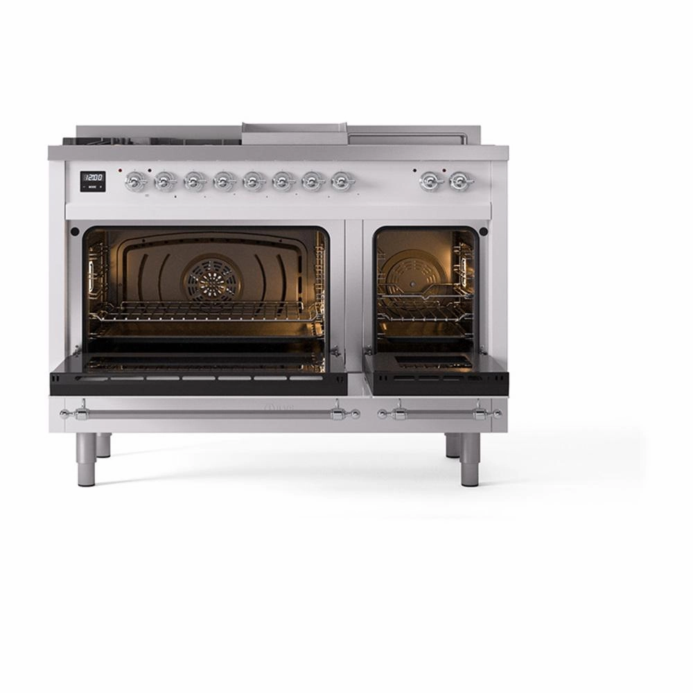 Ilve UN48FSQNMPRACLP Ilve Un48Fsqnmpraclp Nostalgie Ii Noblesse 48" Dual Fuel Range (5 Sealed Burners   Griddle   French Top, Liquid Propane, Solid Door, Ral, Chrome)