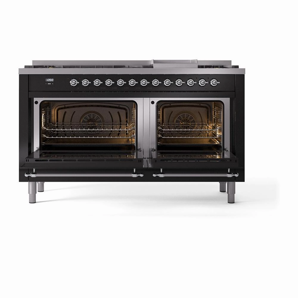 Ilve UN60FNMPBKCLP Ilve Un60Fnmpbkclp Nostalgie Ii Noblesse 60" Dual Fuel Range (9 Sealed Burners   Griddle, Liquid Propane, Triple Glass Door, Glossy Black, Chrome)