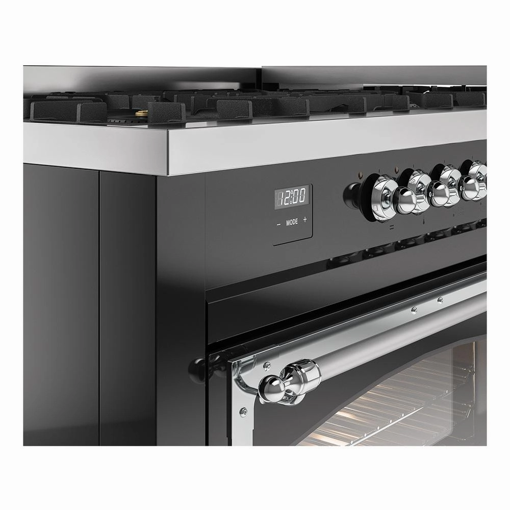 Ilve UN60FNMPBKCLP Ilve Un60Fnmpbkclp Nostalgie Ii Noblesse 60" Dual Fuel Range (9 Sealed Burners   Griddle, Liquid Propane, Triple Glass Door, Glossy Black, Chrome)