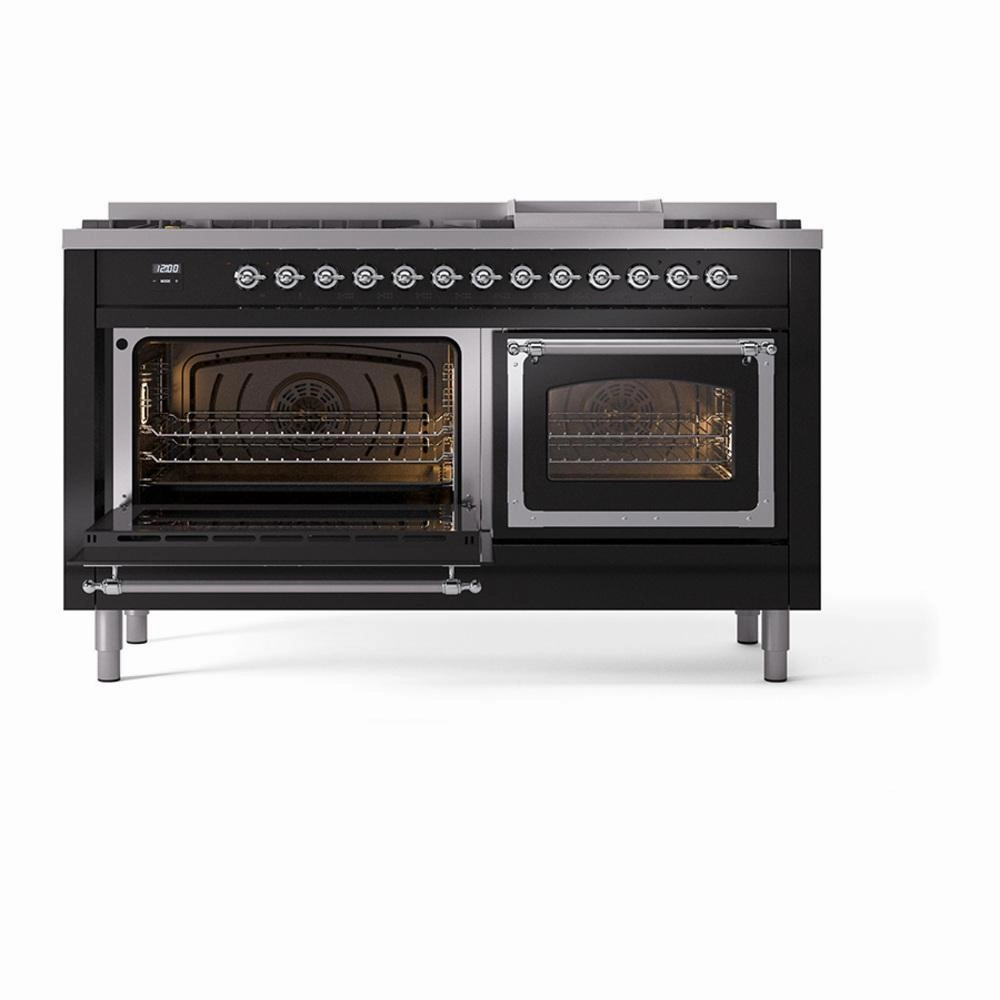 Ilve UN60FNMPBKCLP Ilve Un60Fnmpbkclp Nostalgie Ii Noblesse 60" Dual Fuel Range (9 Sealed Burners   Griddle, Liquid Propane, Triple Glass Door, Glossy Black, Chrome)