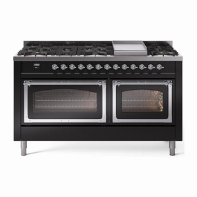 Ilve UN60FNMPBKCLP Ilve Un60Fnmpbkclp Nostalgie Ii Noblesse 60" Dual Fuel Range (9 Sealed Burners   Griddle, Liquid Propane, Triple Glass Door, Glossy Black, Chrome)