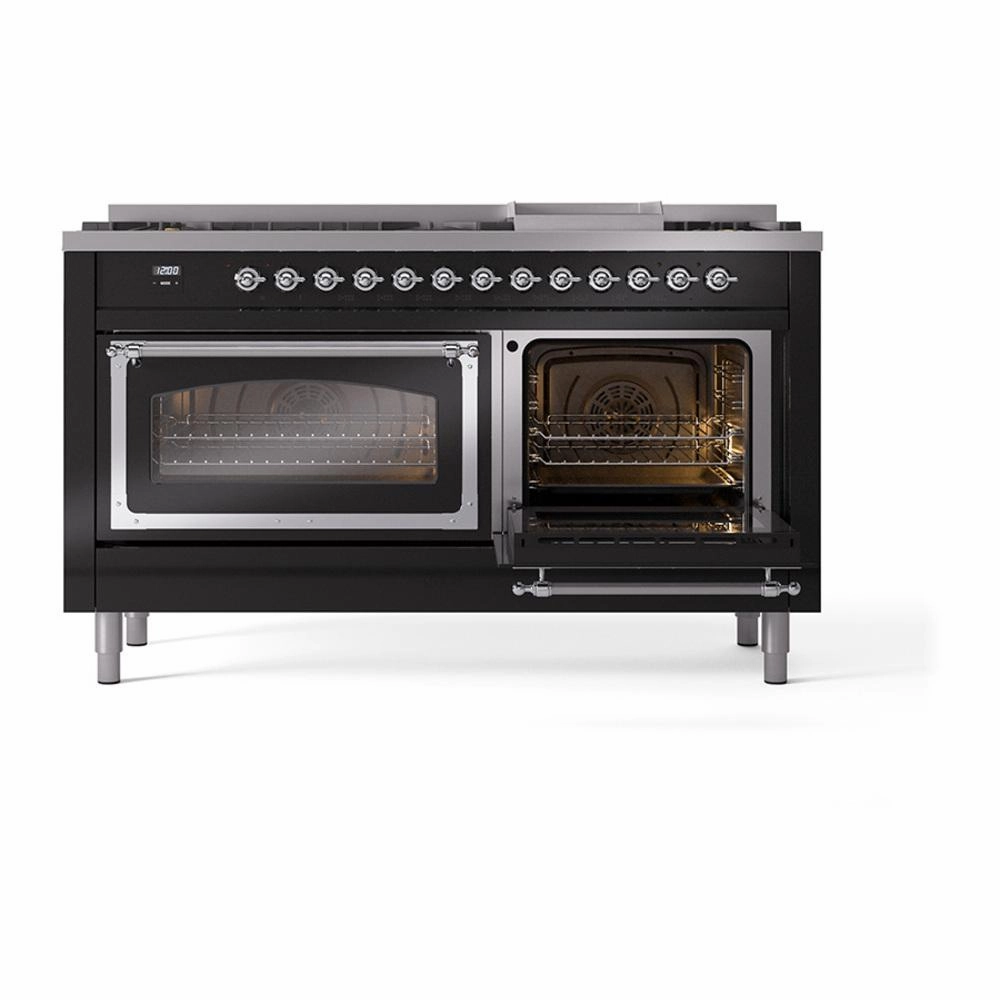 Ilve UN60FNMPBKCLP Ilve Un60Fnmpbkclp Nostalgie Ii Noblesse 60" Dual Fuel Range (9 Sealed Burners   Griddle, Liquid Propane, Triple Glass Door, Glossy Black, Chrome)