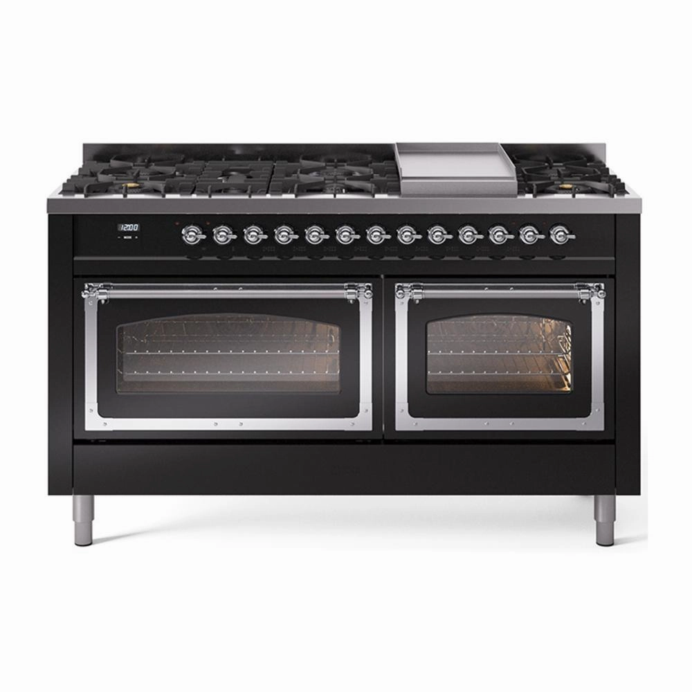 Ilve UN60FNMPBKCLP Ilve Un60Fnmpbkclp Nostalgie Ii Noblesse 60" Dual Fuel Range (9 Sealed Burners   Griddle, Liquid Propane, Triple Glass Door, Glossy Black, Chrome)