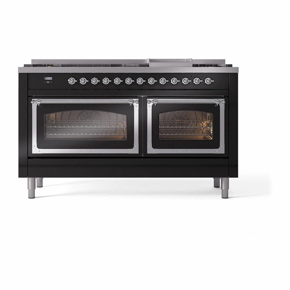 Ilve UN60FNMPBKCLP Ilve Un60Fnmpbkclp Nostalgie Ii Noblesse 60" Dual Fuel Range (9 Sealed Burners   Griddle, Liquid Propane, Triple Glass Door, Glossy Black, Chrome)