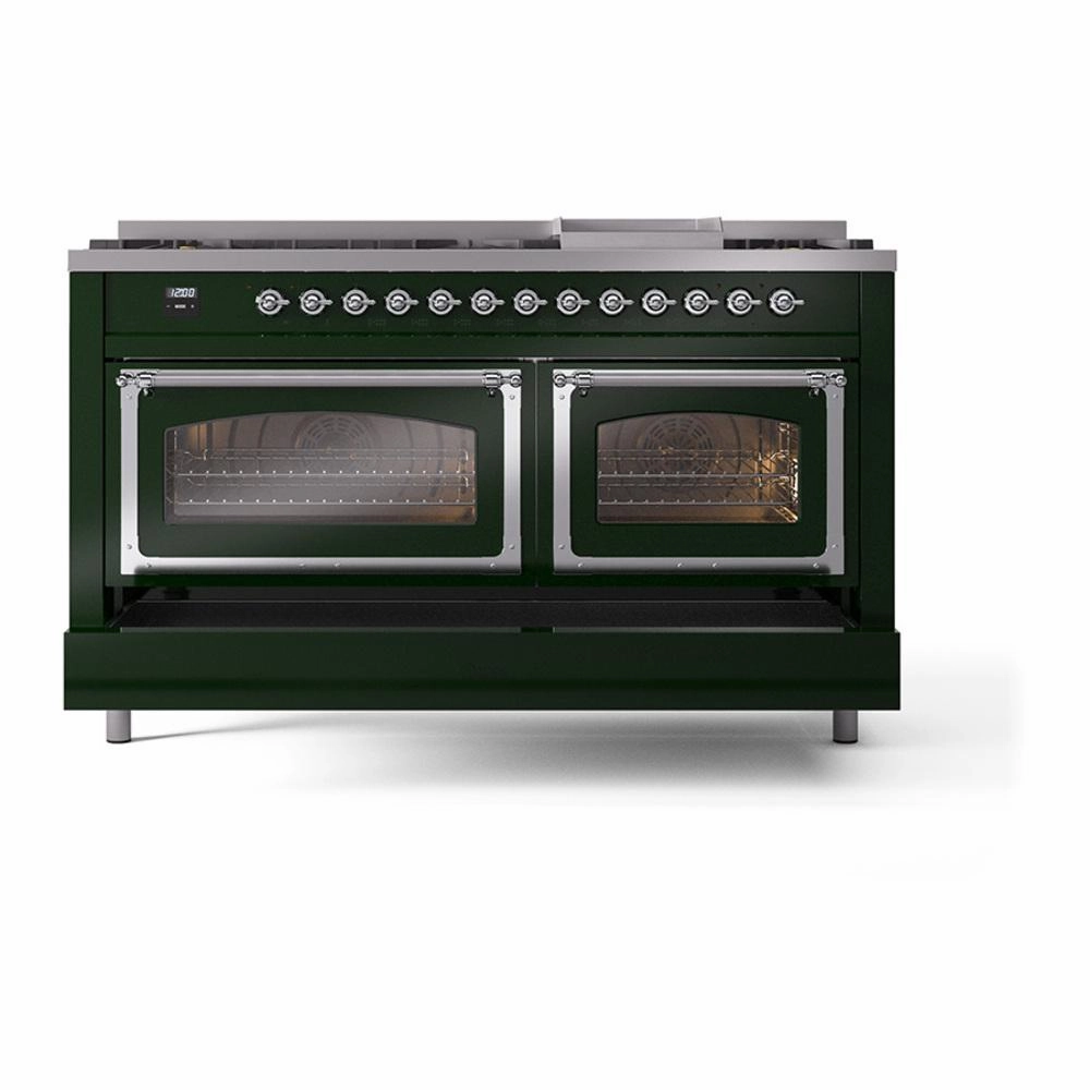 Ilve UN60FNMPEGCLP Ilve Un60Fnmpegclp Nostalgie Ii Noblesse 60" Dual Fuel Range (9 Sealed Burners   Griddle, Liquid Propane, Triple Glass Door, Emerald Green, Chrome)