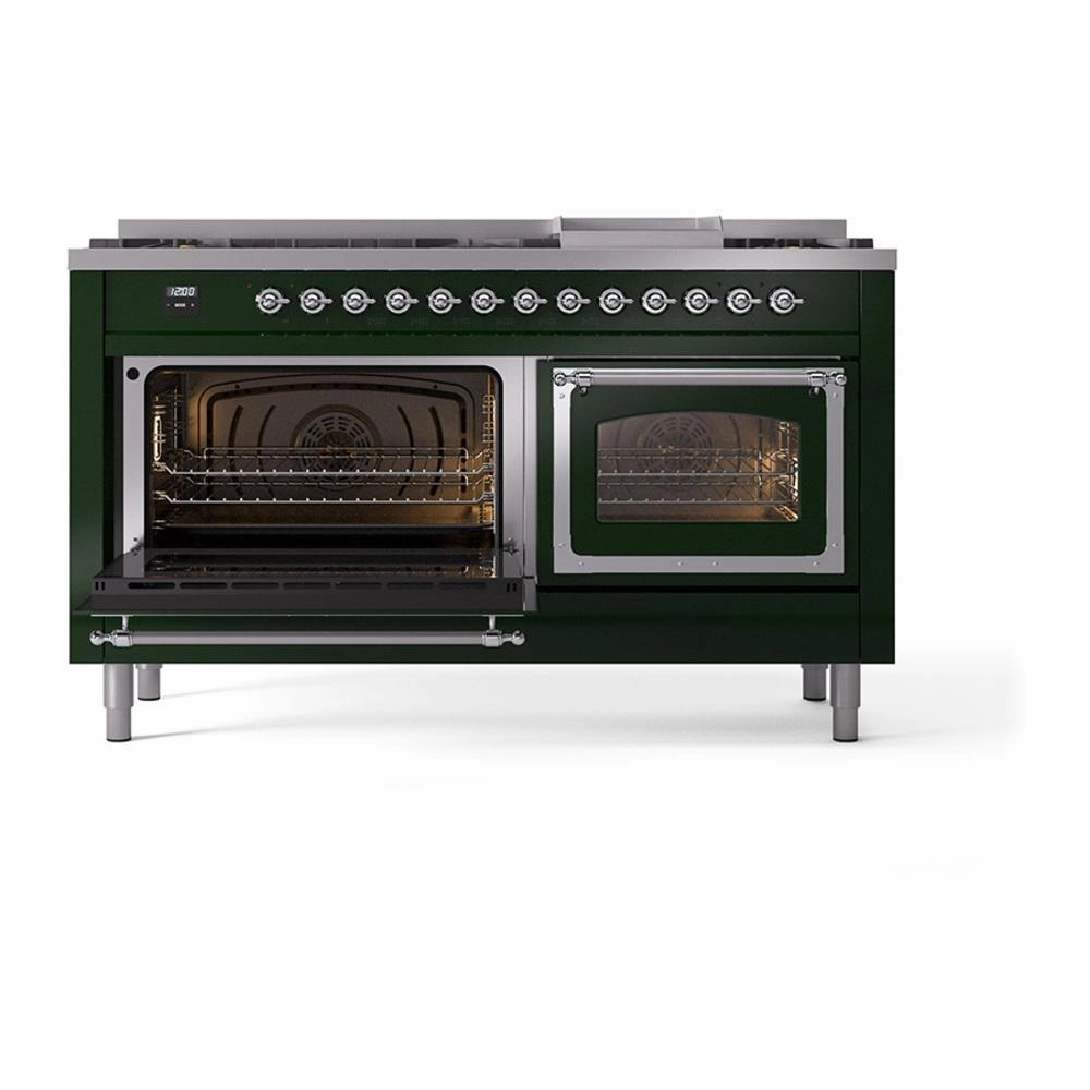 Ilve UN60FNMPEGCLP Ilve Un60Fnmpegclp Nostalgie Ii Noblesse 60" Dual Fuel Range (9 Sealed Burners   Griddle, Liquid Propane, Triple Glass Door, Emerald Green, Chrome)