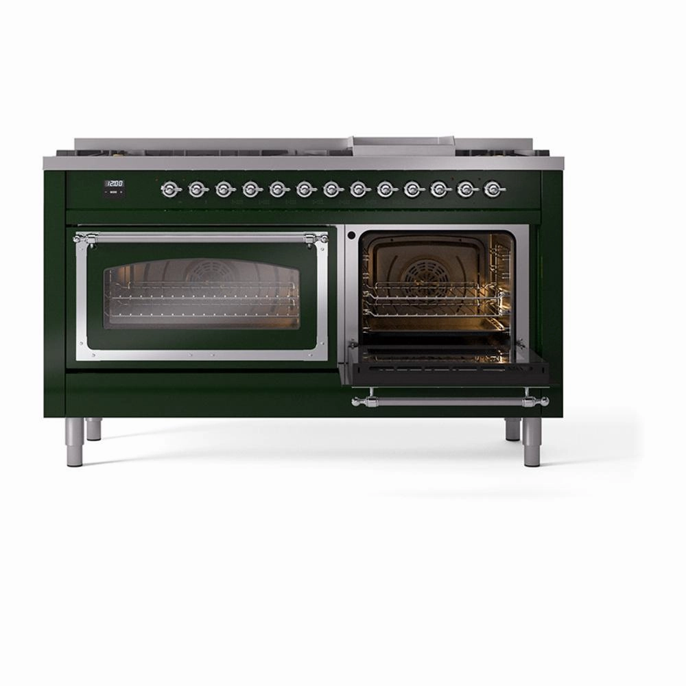 Ilve UN60FNMPEGCLP Ilve Un60Fnmpegclp Nostalgie Ii Noblesse 60" Dual Fuel Range (9 Sealed Burners   Griddle, Liquid Propane, Triple Glass Door, Emerald Green, Chrome)