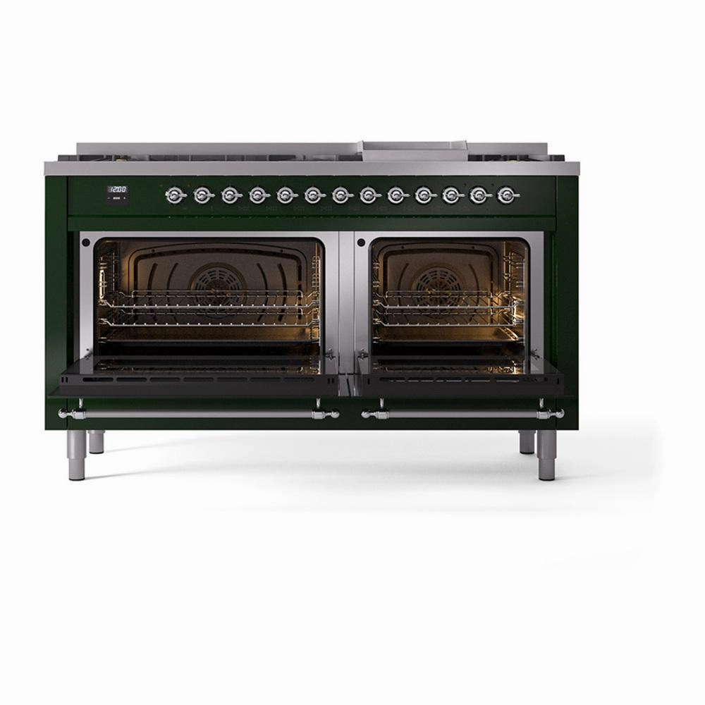 Ilve UN60FNMPEGCLP Ilve Un60Fnmpegclp Nostalgie Ii Noblesse 60" Dual Fuel Range (9 Sealed Burners   Griddle, Liquid Propane, Triple Glass Door, Emerald Green, Chrome)