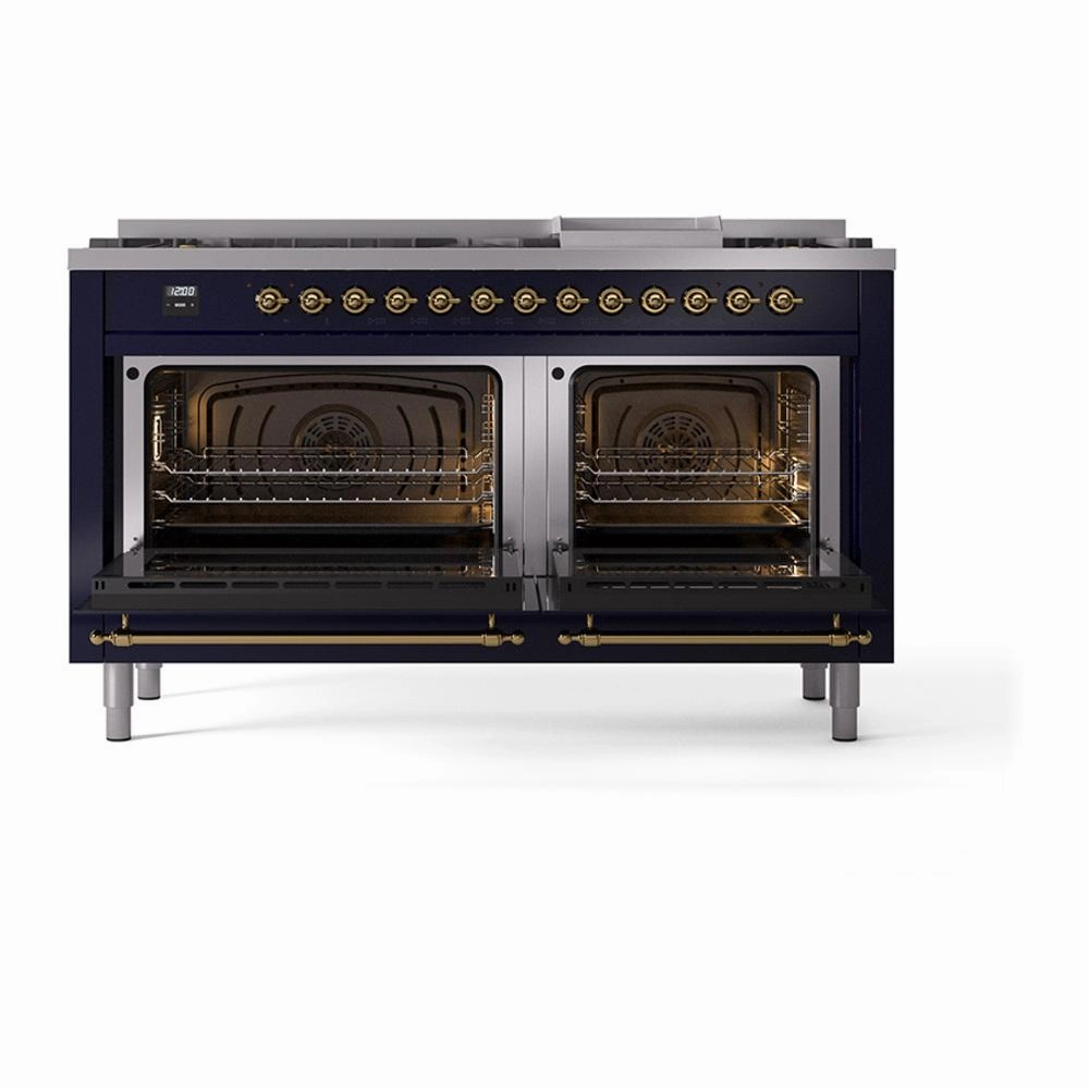 Ilve UN60FNMPMBGLP Ilve Un60Fnmpmbglp Nostalgie Ii Noblesse 60" Dual Fuel Range (9 Sealed Burners   Griddle, Liquid Propane, Triple Glass Door, Midnight Blue, Brass)