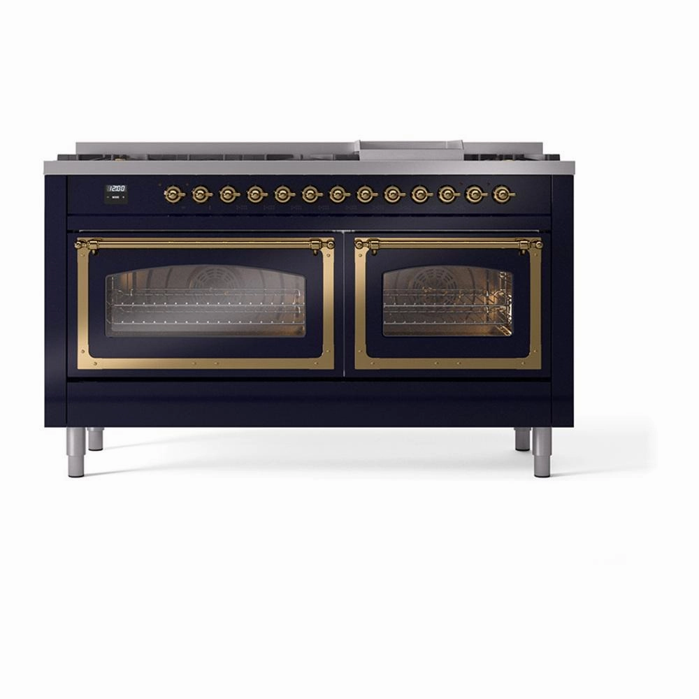 Ilve UN60FNMPMBGLP Ilve Un60Fnmpmbglp Nostalgie Ii Noblesse 60" Dual Fuel Range (9 Sealed Burners   Griddle, Liquid Propane, Triple Glass Door, Midnight Blue, Brass)