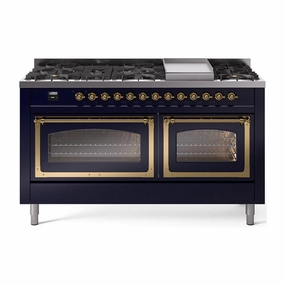 Ilve UN60FNMPMBGLP Ilve Un60Fnmpmbglp Nostalgie Ii Noblesse 60" Dual Fuel Range (9 Sealed Burners   Griddle, Liquid Propane, Triple Glass Door, Midnight Blue, Brass)