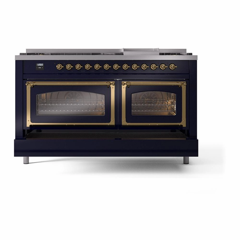 Ilve UN60FNMPMBGLP Ilve Un60Fnmpmbglp Nostalgie Ii Noblesse 60" Dual Fuel Range (9 Sealed Burners   Griddle, Liquid Propane, Triple Glass Door, Midnight Blue, Brass)