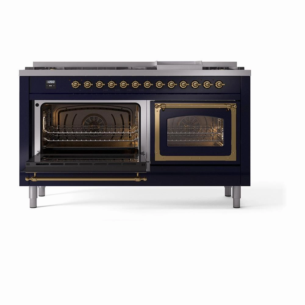 Ilve UN60FNMPMBGLP Ilve Un60Fnmpmbglp Nostalgie Ii Noblesse 60" Dual Fuel Range (9 Sealed Burners   Griddle, Liquid Propane, Triple Glass Door, Midnight Blue, Brass)