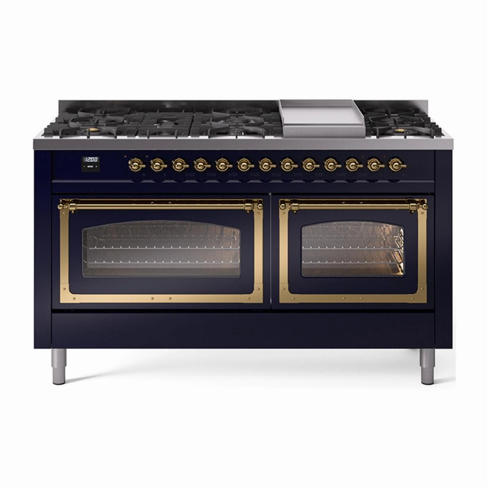Ilve UN60FNMPMBGLP Ilve Un60Fnmpmbglp Nostalgie Ii Noblesse 60" Dual Fuel Range (9 Sealed Burners   Griddle, Liquid Propane, Triple Glass Door, Midnight Blue, Brass)