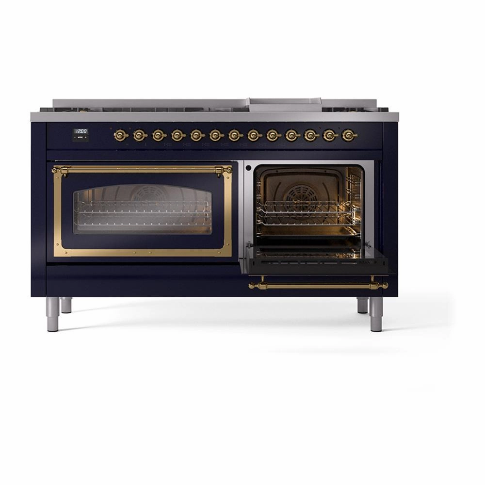 Ilve UN60FNMPMBGLP Ilve Un60Fnmpmbglp Nostalgie Ii Noblesse 60" Dual Fuel Range (9 Sealed Burners   Griddle, Liquid Propane, Triple Glass Door, Midnight Blue, Brass)
