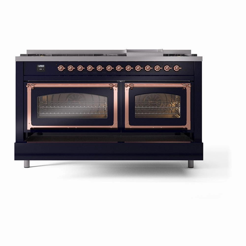 Ilve UN60FNMPMBPLP Ilve Un60Fnmpmbplp Nostalgie Ii Noblesse 60" Dual Fuel Range (9 Sealed Burners   Griddle, Liquid Propane, Triple Glass Door, Midnight Blue, Copper)