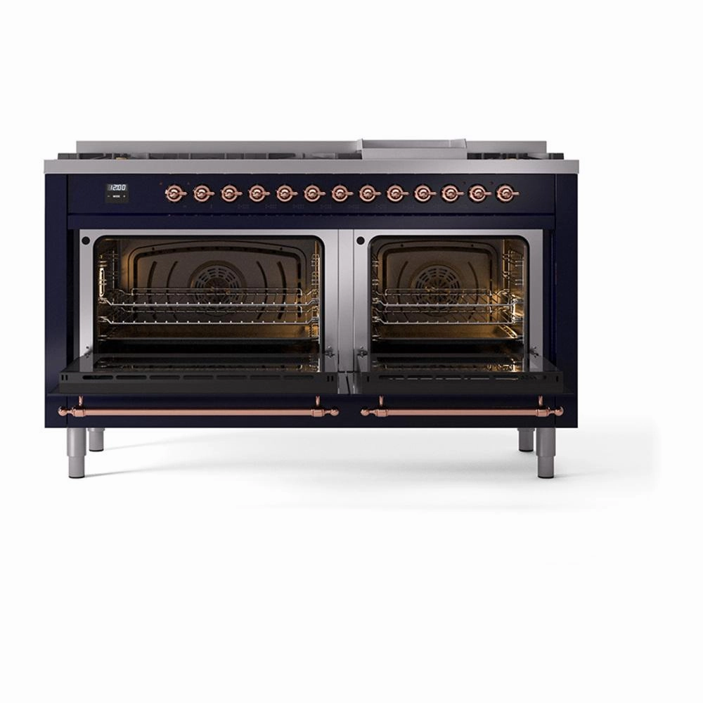 Ilve UN60FNMPMBPLP Ilve Un60Fnmpmbplp Nostalgie Ii Noblesse 60" Dual Fuel Range (9 Sealed Burners   Griddle, Liquid Propane, Triple Glass Door, Midnight Blue, Copper)