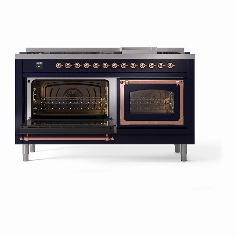 Ilve UN60FNMPMBPLP Ilve Un60Fnmpmbplp Nostalgie Ii Noblesse 60" Dual Fuel Range (9 Sealed Burners   Griddle, Liquid Propane, Triple Glass Door, Midnight Blue, Copper)