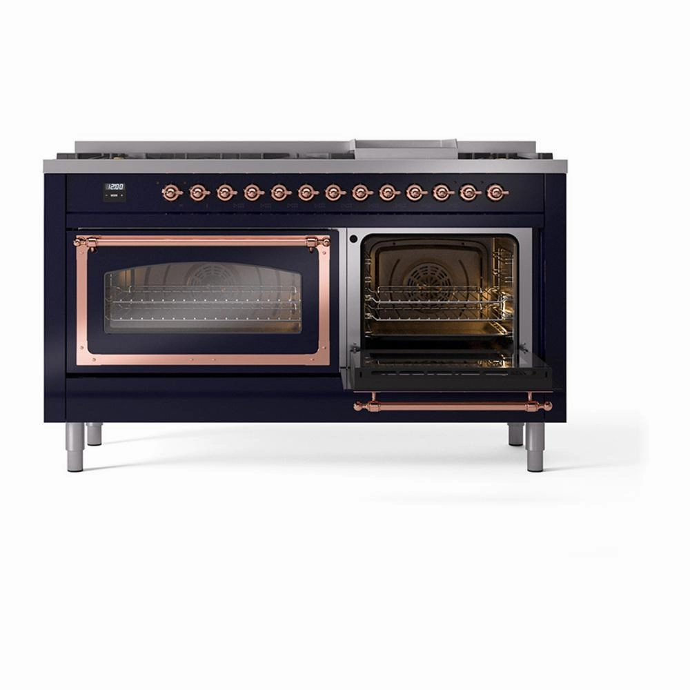 Ilve UN60FNMPMBPLP Ilve Un60Fnmpmbplp Nostalgie Ii Noblesse 60" Dual Fuel Range (9 Sealed Burners   Griddle, Liquid Propane, Triple Glass Door, Midnight Blue, Copper)