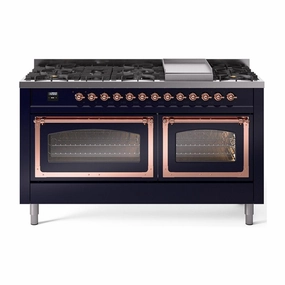 Ilve UN60FNMPMBPLP Ilve Un60Fnmpmbplp Nostalgie Ii Noblesse 60" Dual Fuel Range (9 Sealed Burners   Griddle, Liquid Propane, Triple Glass Door, Midnight Blue, Copper)
