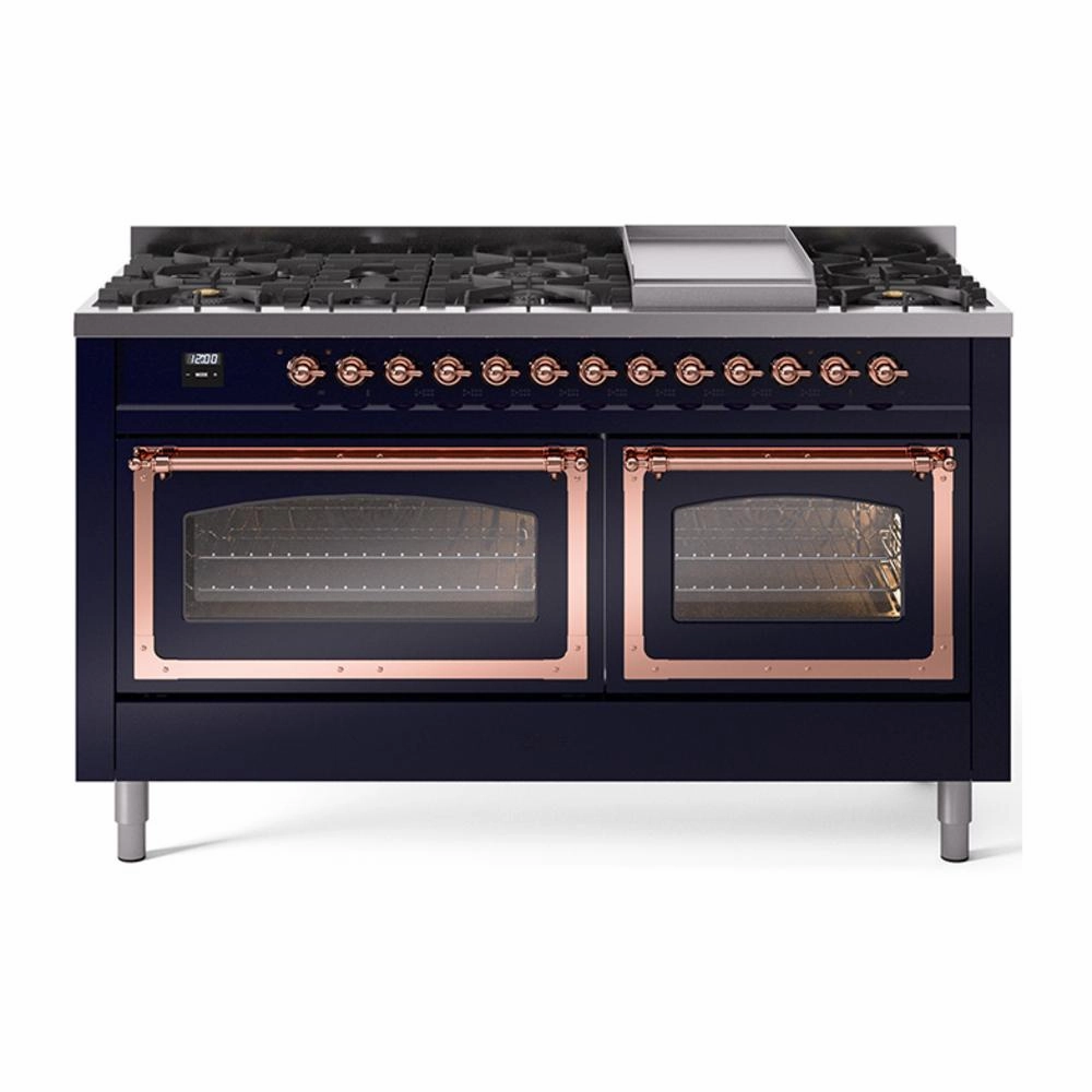 Ilve UN60FNMPMBPLP Ilve Un60Fnmpmbplp Nostalgie Ii Noblesse 60" Dual Fuel Range (9 Sealed Burners   Griddle, Liquid Propane, Triple Glass Door, Midnight Blue, Copper)