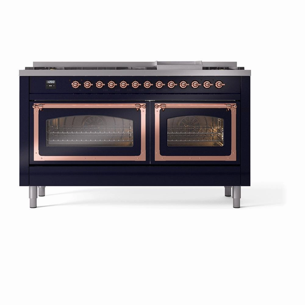 Ilve UN60FNMPMBPLP Ilve Un60Fnmpmbplp Nostalgie Ii Noblesse 60" Dual Fuel Range (9 Sealed Burners   Griddle, Liquid Propane, Triple Glass Door, Midnight Blue, Copper)