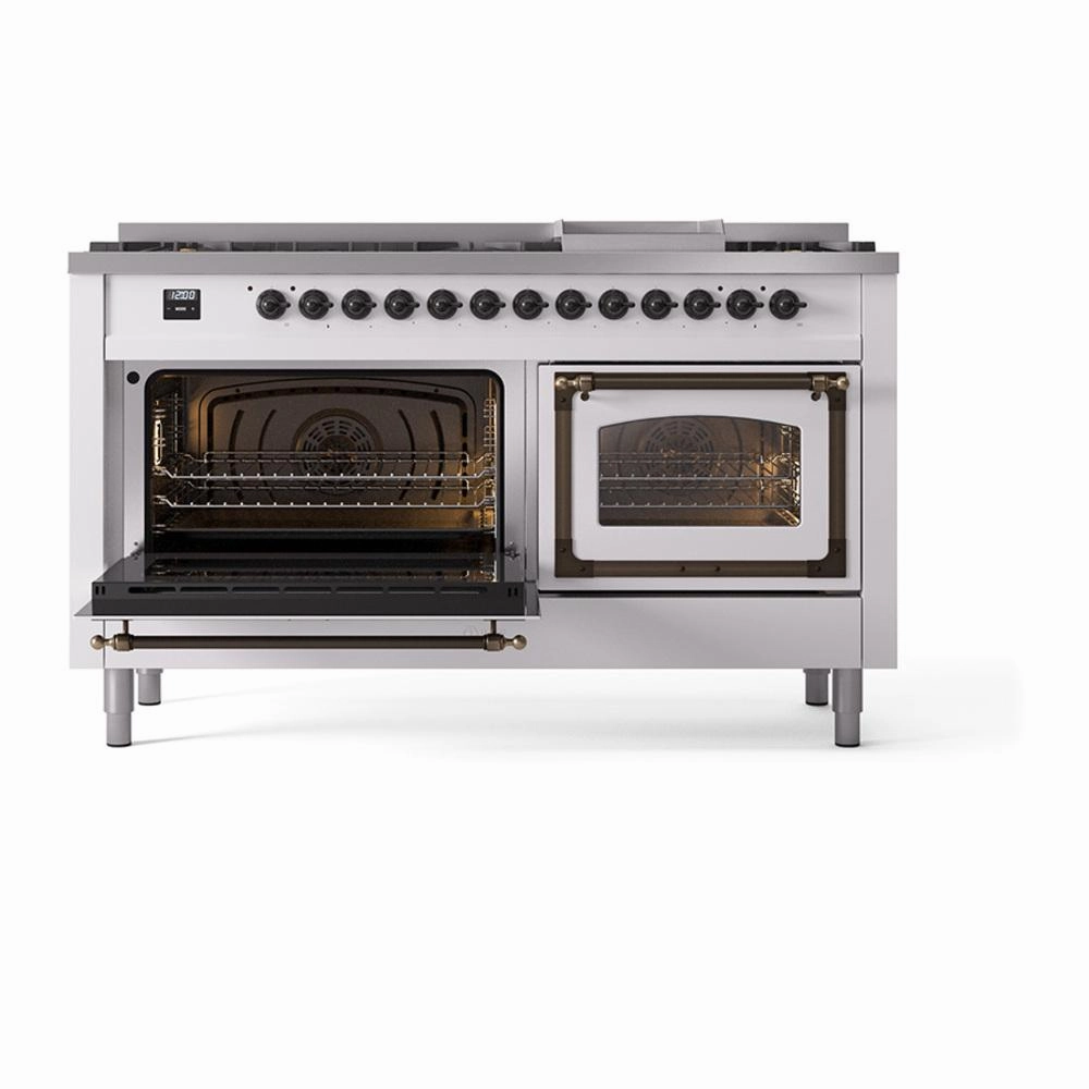 Ilve UN60FNMPWHB Ilve Un60Fnmpwhb Nostalgie Ii Noblesse 60" Dual Fuel Range (9 Sealed Burners   Griddle, Natural Gas, Triple Glass Door, White, Burnished)