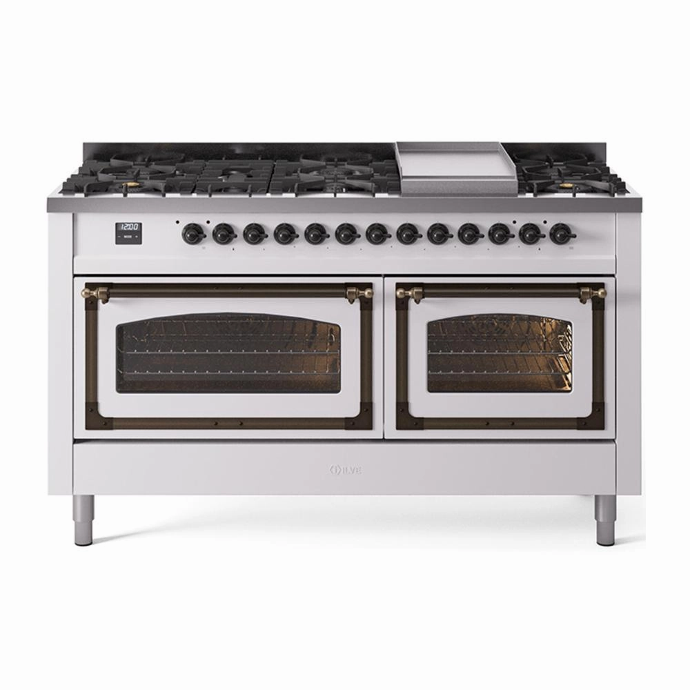 Ilve UN60FNMPWHB Ilve Un60Fnmpwhb Nostalgie Ii Noblesse 60" Dual Fuel Range (9 Sealed Burners   Griddle, Natural Gas, Triple Glass Door, White, Burnished)