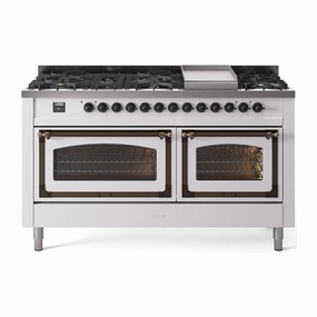 Ilve UN60FNMPWHB Ilve Un60Fnmpwhb Nostalgie Ii Noblesse 60" Dual Fuel Range (9 Sealed Burners   Griddle, Natural Gas, Triple Glass Door, White, Burnished)