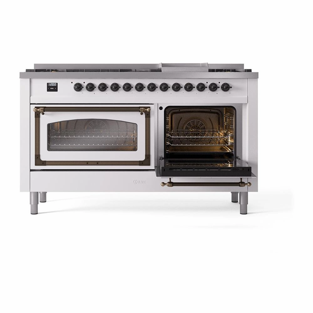 Ilve UN60FNMPWHB Ilve Un60Fnmpwhb Nostalgie Ii Noblesse 60" Dual Fuel Range (9 Sealed Burners   Griddle, Natural Gas, Triple Glass Door, White, Burnished)