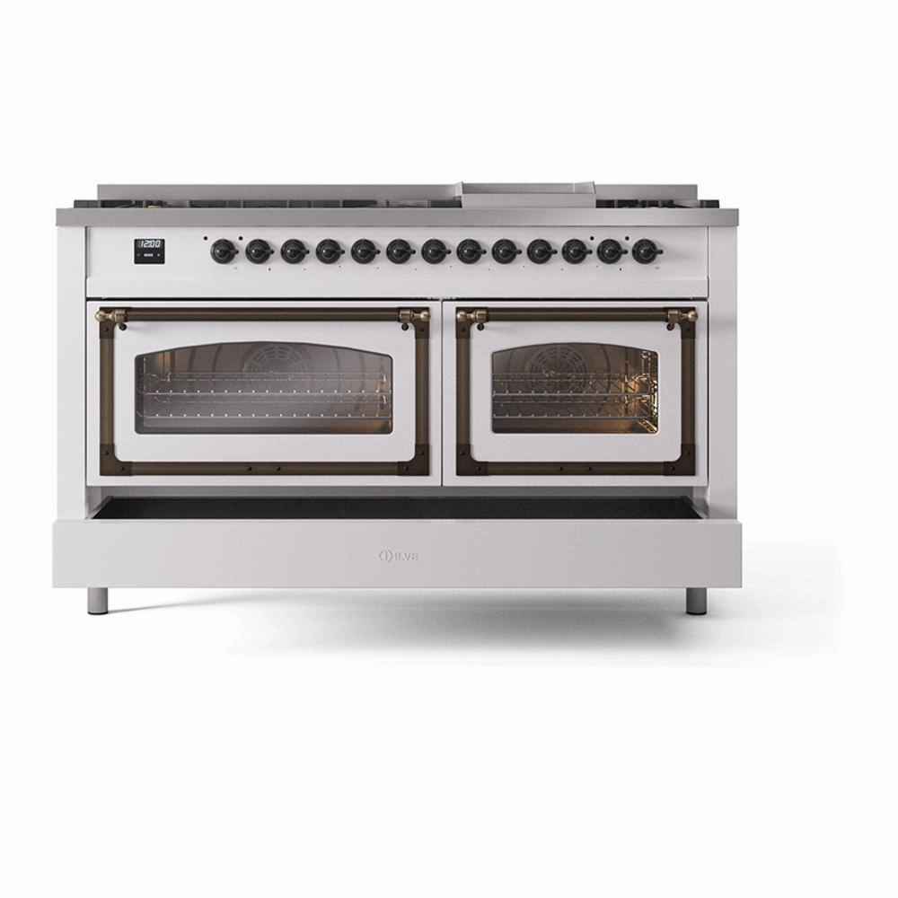 Ilve UN60FNMPWHB Ilve Un60Fnmpwhb Nostalgie Ii Noblesse 60" Dual Fuel Range (9 Sealed Burners   Griddle, Natural Gas, Triple Glass Door, White, Burnished)