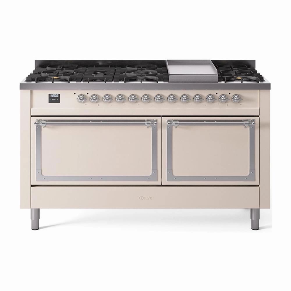 Ilve UN60FQNMPAWC Ilve Un60Fqnmpawc Nostalgie Ii Noblesse 60" Dual Fuel Range (9 Sealed Burners   Griddle, Natural Gas, Solid Door, Antique White, Chrome)