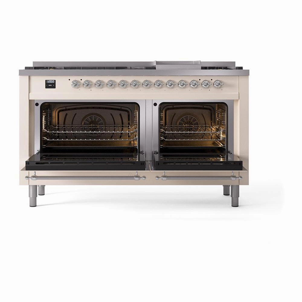 Ilve UN60FQNMPAWC Ilve Un60Fqnmpawc Nostalgie Ii Noblesse 60" Dual Fuel Range (9 Sealed Burners   Griddle, Natural Gas, Solid Door, Antique White, Chrome)