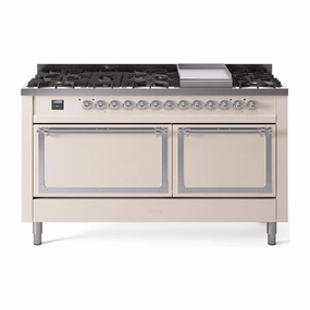 Ilve UN60FQNMPAWC Ilve Un60Fqnmpawc Nostalgie Ii Noblesse 60" Dual Fuel Range (9 Sealed Burners   Griddle, Natural Gas, Solid Door, Antique White, Chrome)