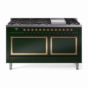 Ilve UN60FQNMPEGGLP Ilve Un60Fqnmpegglp Nostalgie Ii Noblesse 60" Dual Fuel Range (9 Sealed Burners   Griddle, Liquid Propane, Solid Door, Emerald Green, Brass)