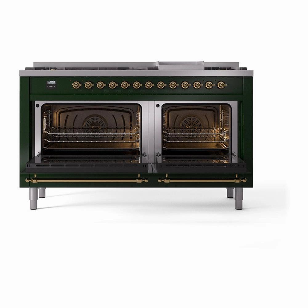 Ilve UN60FQNMPEGGLP Ilve Un60Fqnmpegglp Nostalgie Ii Noblesse 60" Dual Fuel Range (9 Sealed Burners   Griddle, Liquid Propane, Solid Door, Emerald Green, Brass)