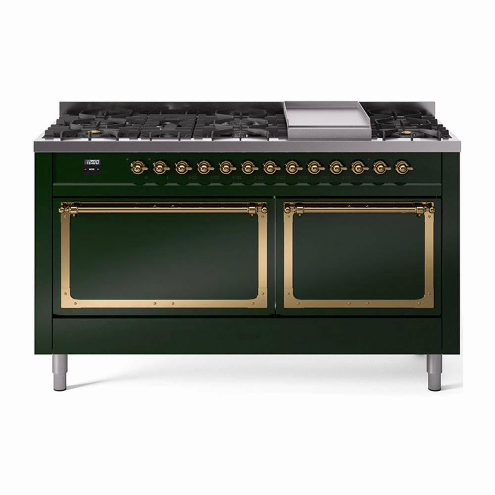 Ilve UN60FQNMPEGGLP Ilve Un60Fqnmpegglp Nostalgie Ii Noblesse 60" Dual Fuel Range (9 Sealed Burners   Griddle, Liquid Propane, Solid Door, Emerald Green, Brass)