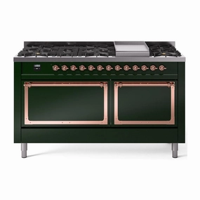 Ilve UN60FQNMPEGPLP Ilve Un60Fqnmpegplp Nostalgie Ii Noblesse 60" Dual Fuel Range (9 Sealed Burners   Griddle, Liquid Propane, Solid Door, Emerald Green, Copper)