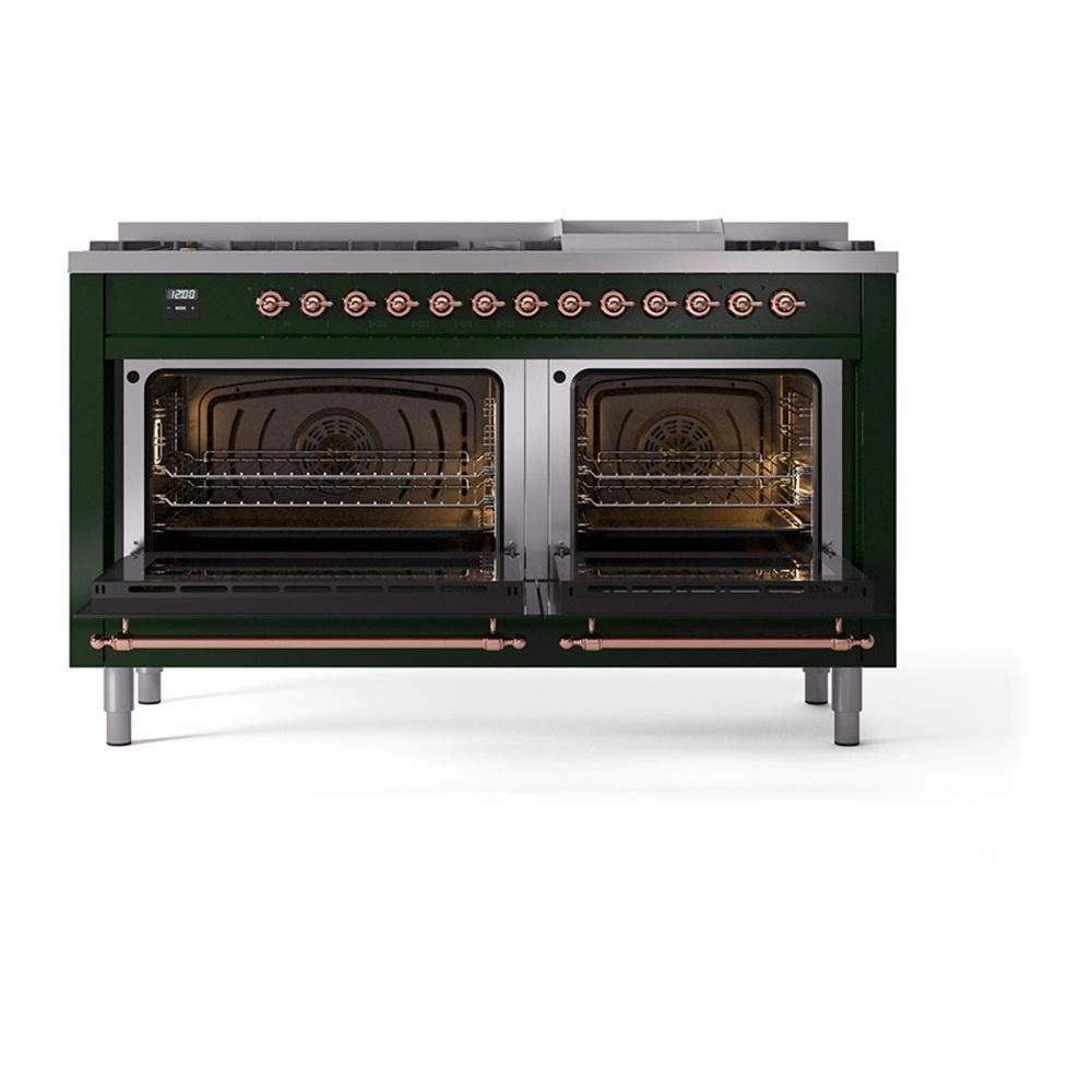 Ilve UN60FQNMPEGPLP Ilve Un60Fqnmpegplp Nostalgie Ii Noblesse 60" Dual Fuel Range (9 Sealed Burners   Griddle, Liquid Propane, Solid Door, Emerald Green, Copper)