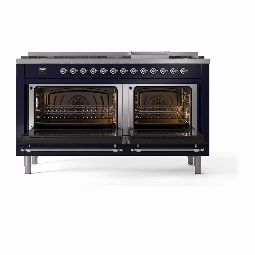 Ilve UN60FQNMPMBCLP Ilve Un60Fqnmpmbclp Nostalgie Ii Noblesse 60" Dual Fuel Range (9 Sealed Burners   Griddle, Liquid Propane, Solid Door, Midnight Blue, Chrome)