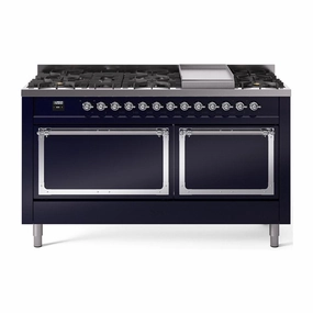 Ilve UN60FQNMPMBCLP Ilve Un60Fqnmpmbclp Nostalgie Ii Noblesse 60" Dual Fuel Range (9 Sealed Burners   Griddle, Liquid Propane, Solid Door, Midnight Blue, Chrome)