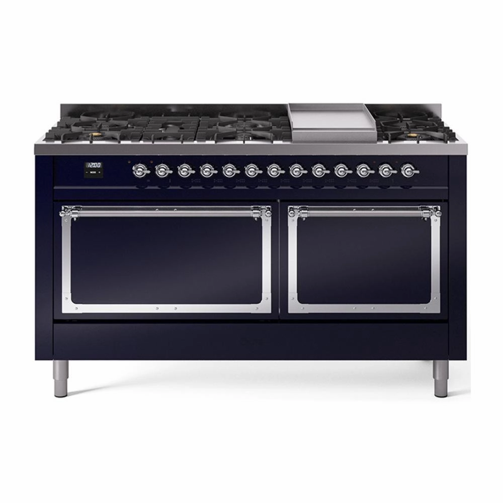 Ilve UN60FQNMPMBCLP Ilve Un60Fqnmpmbclp Nostalgie Ii Noblesse 60" Dual Fuel Range (9 Sealed Burners   Griddle, Liquid Propane, Solid Door, Midnight Blue, Chrome)