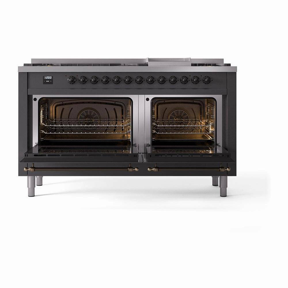 Ilve UN60FQNMPMGB Ilve Un60Fqnmpmgb Nostalgie Ii Noblesse 60" Dual Fuel Range (9 Sealed Burners   Griddle, Natural Gas, Solid Door, Graphite Matte, Burnished)