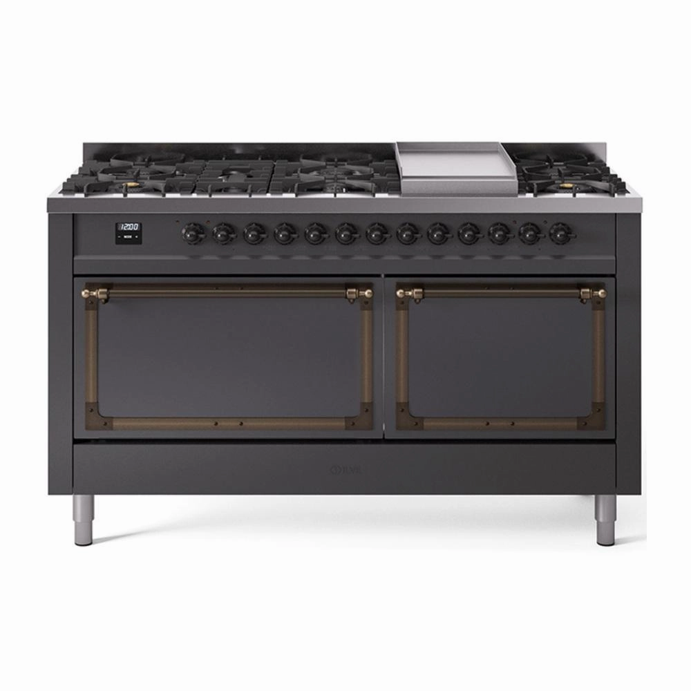 Ilve UN60FQNMPMGB Ilve Un60Fqnmpmgb Nostalgie Ii Noblesse 60" Dual Fuel Range (9 Sealed Burners   Griddle, Natural Gas, Solid Door, Graphite Matte, Burnished)