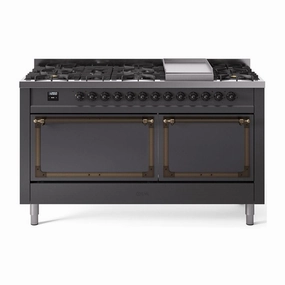 Ilve UN60FQNMPMGB Ilve Un60Fqnmpmgb Nostalgie Ii Noblesse 60" Dual Fuel Range (9 Sealed Burners   Griddle, Natural Gas, Solid Door, Graphite Matte, Burnished)