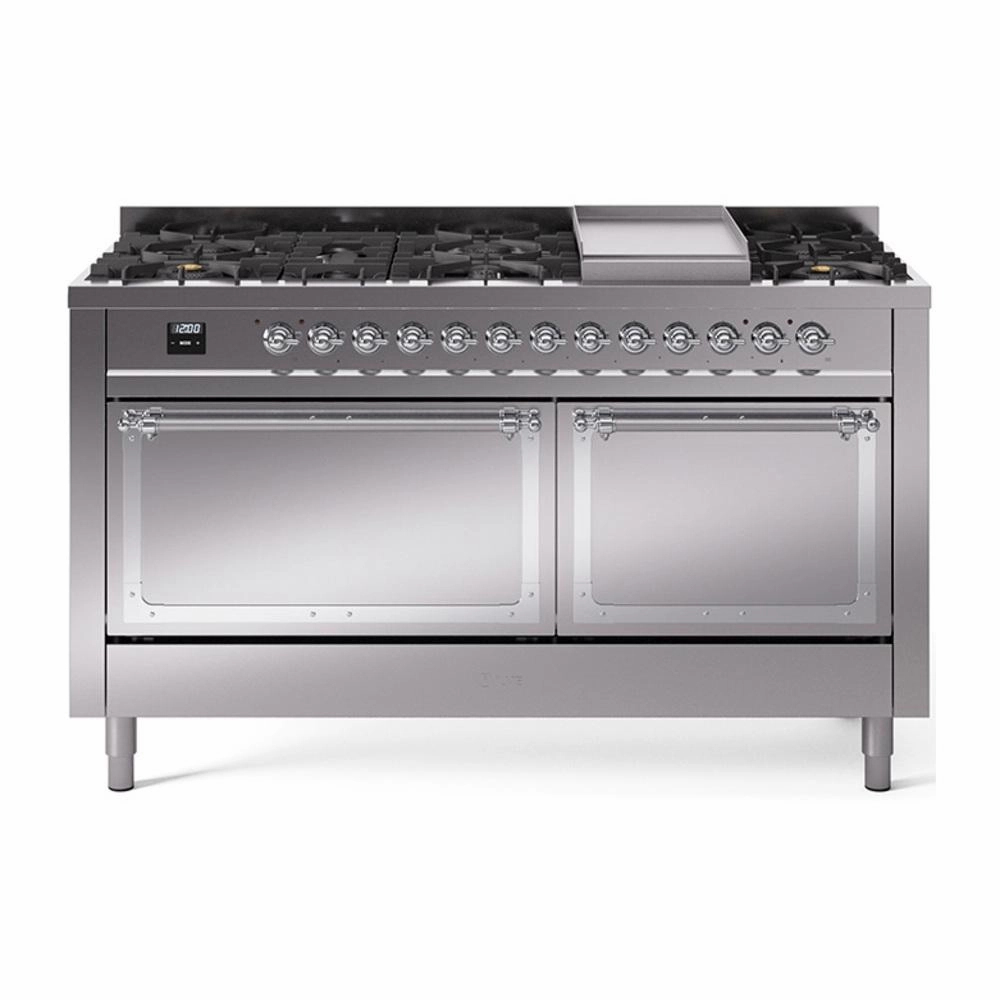 Ilve UN60FQNMPSSC Ilve Un60Fqnmpssc Nostalgie Ii Noblesse 60" Dual Fuel Range (9 Sealed Burners   Griddle, Natural Gas, Solid Door, Stainless Steel, Chrome)