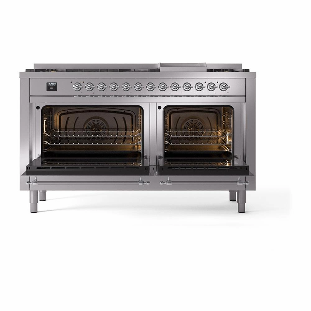 Ilve UN60FQNMPSSC Ilve Un60Fqnmpssc Nostalgie Ii Noblesse 60" Dual Fuel Range (9 Sealed Burners   Griddle, Natural Gas, Solid Door, Stainless Steel, Chrome)